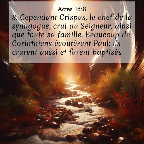 Segond21 Actes  ; image nature: image avec le verset biblique :Cependant Crispus, le chef de la synagogue, crut au Seigneur, ainsi que toute sa famille. Beaucoup de Corinthiens écoutèrent Paul; ils crurent aussi et furent baptisés. ;  ; 18:8