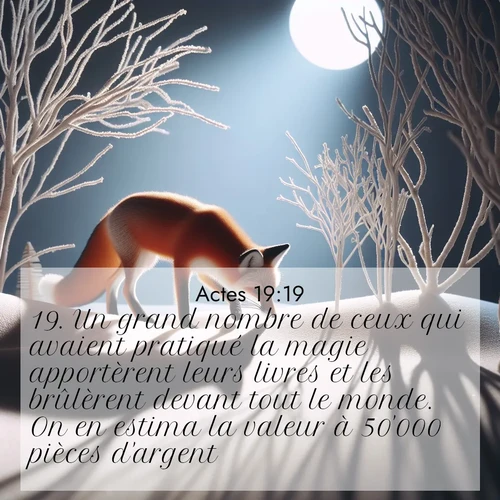 Segond21 Actes  ; image nature: image avec le verset biblique :Un grand nombre de ceux qui avaient pratiqué la magie apportèrent leurs livres et les brûlèrent devant tout le monde. On en estima la valeur à 50&#039;000 pièces d&#039;argent. ;  ; 19:19