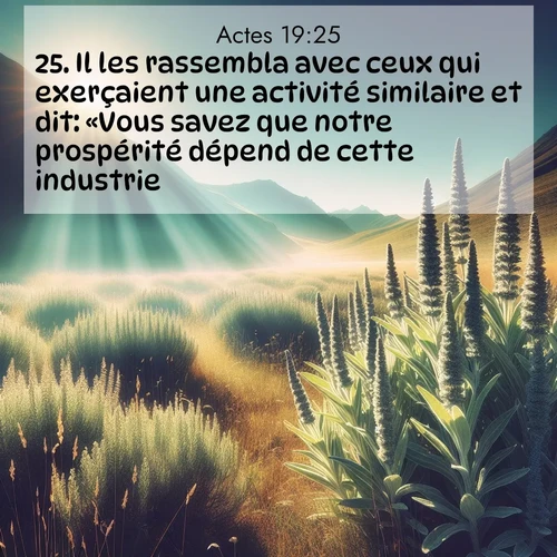 Segond21 Actes  ; image nature: image avec le verset biblique :Il les rassembla avec ceux qui exerçaient une activité similaire et dit: «Vous savez que notre prospérité dépend de cette industrie. ;  ; 19:25