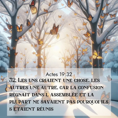 Segond21 Actes  ; image nature: image avec le verset biblique :Les uns criaient une chose, les autres une autre, car la confusion régnait dans l&#039;assemblée et la plupart ne savaient pas pourquoi ils s&#039;étaient réunis. ;  ; 19:32