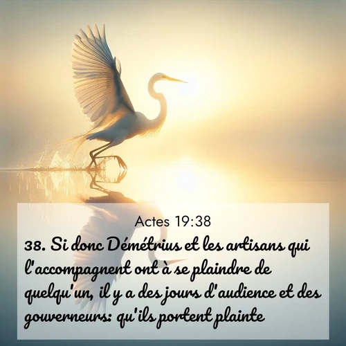 Segond21 Actes  ; image nature: image avec le verset biblique :Si donc Démétrius et les artisans qui l&#039;accompagnent ont à se plaindre de quelqu&#039;un, il y a des jours d&#039;audience et des gouverneurs: qu&#039;ils portent plainte. ;  ; 19:38