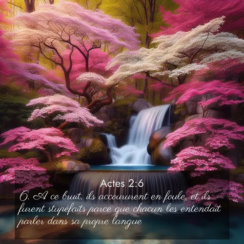 citation biblique : 6. A ce bruit, ils accoururent en foule, et ils furent stupéfaits parce que chacun les entendait parler dans sa propre langue.
 sur fond image nature