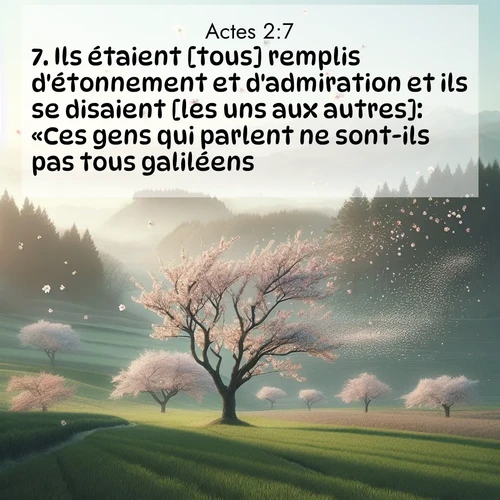 Segond21 Actes  ; image nature: image avec le verset biblique :Ils étaient [tous] remplis d&#039;étonnement et d&#039;admiration et ils se disaient [les uns aux autres]: «Ces gens qui parlent ne sont-ils pas tous galiléens? ;  ; 2:7