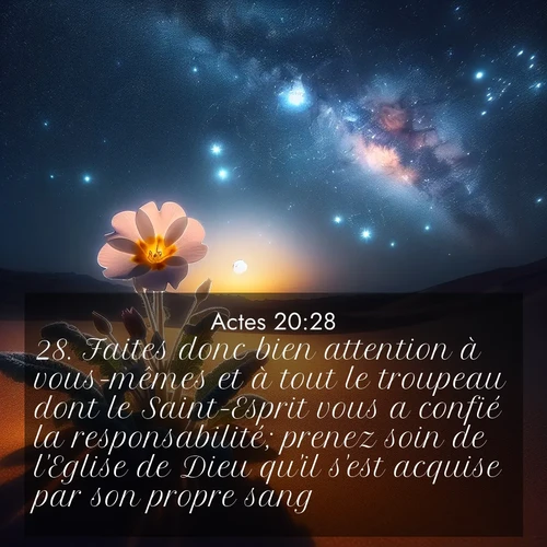 Segond21 Actes  ; image nature: image avec le verset biblique :Faites donc bien attention à vous-mêmes et à tout le troupeau dont le Saint-Esprit vous a confié la responsabilité; prenez soin de l&#039;Eglise de Dieu qu&#039;il s&#039;est acquise par son propre sang. ;  ; 20:28