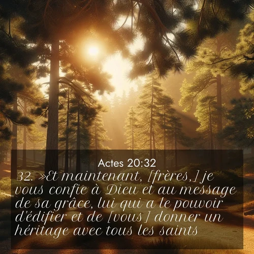 Segond21 Actes  ; image nature: image avec le verset biblique :»Et maintenant, [frères,] je vous confie à Dieu et au message de sa grâce, lui qui a le pouvoir d&#039;édifier et de [vous] donner un héritage avec tous les saints. ;  ; 20:32