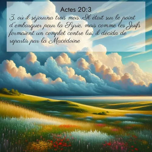 Segond21 Actes  ; image nature: image avec le verset biblique :où il séjourna trois mois. Il était sur le point d&#039;embarquer pour la Syrie, mais comme les Juifs formaient un complot contre lui, il décida de repartir par la Macédoine. ;  ; 20:3