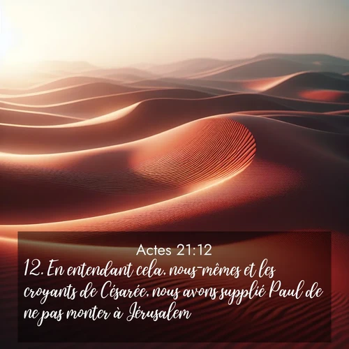 Segond21 Actes  ; image nature: image avec le verset biblique :En entendant cela, nous-mêmes et les croyants de Césarée, nous avons supplié Paul de ne pas monter à Jérusalem. ;  ; 21:12