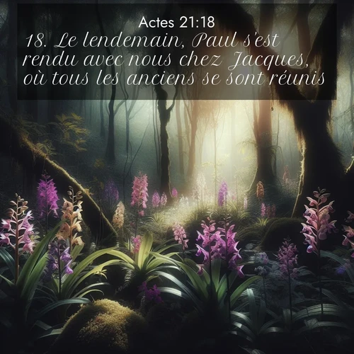 Segond21 Actes  ; image nature: image avec le verset biblique :Le lendemain, Paul s&#039;est rendu avec nous chez Jacques, où tous les anciens se sont réunis. ;  ; 21:18