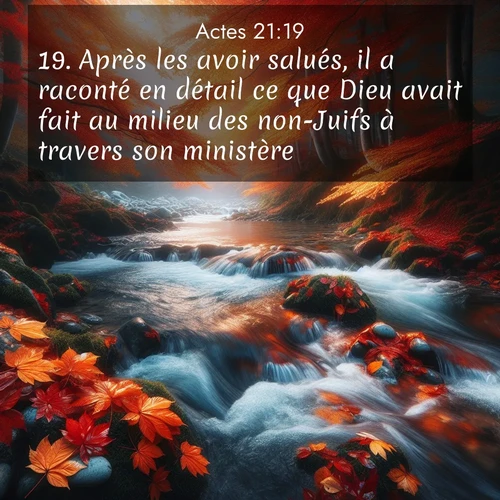Segond21 Actes  ; image nature: image avec le verset biblique :Après les avoir salués, il a raconté en détail ce que Dieu avait fait au milieu des non-Juifs à travers son ministère. ;  ; 21:19