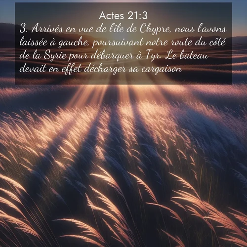Segond21 Actes  ; image nature: image avec le verset biblique :Arrivés en vue de l&#039;île de Chypre, nous l&#039;avons laissée à gauche, poursuivant notre route du côté de la Syrie pour débarquer à Tyr. Le bateau devait en effet décharger sa cargaison. ;  ; 21:3