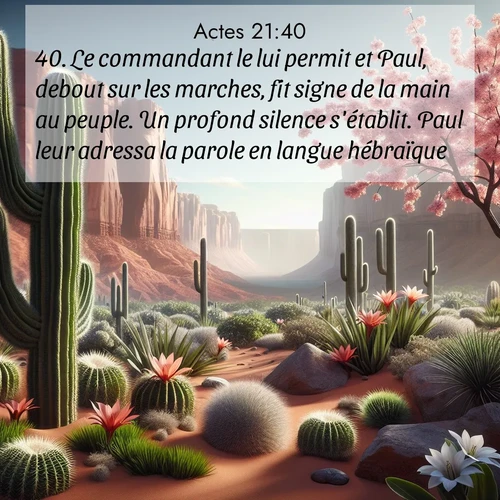 Segond21 Actes  ; image nature: image avec le verset biblique :Le commandant le lui permit et Paul, debout sur les marches, fit signe de la main au peuple. Un profond silence s&#039;établit. Paul leur adressa la parole en langue hébraïque: ;  ; 21:40