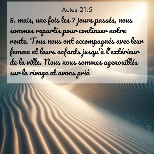 Segond21 Actes  ; image nature: image avec le verset biblique :mais, une fois les 7 jours passés, nous sommes repartis pour continuer notre route. Tous nous ont accompagnés avec leur femme et leurs enfants jusqu&#039;à l&#039;extérieur de la ville. Nous nous sommes agenouillés sur le rivage et avons prié. ;  ; 21:5