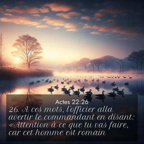 Segond21 Actes  ; image nature: image avec le verset biblique :A ces mots, l&#039;officier alla avertir le commandant en disant: «Attention à ce que tu vas faire, car cet homme est romain.» ;  ; 22:26