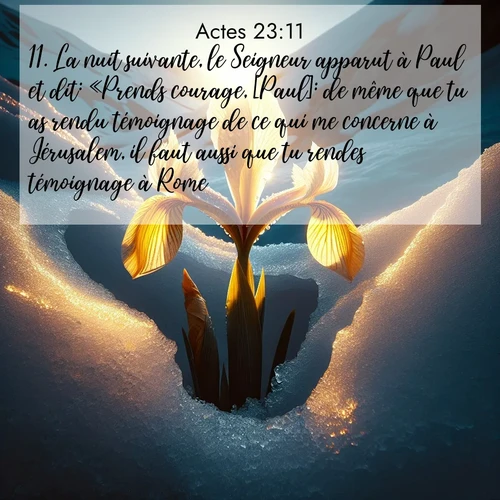 citation biblique : 11. La nuit suivante, le Seigneur apparut à Paul et dit: «Prends courage, [Paul]: de même que tu as rendu témoignage de ce qui me concerne à Jérusalem, il faut aussi que tu rendes témoignage à Rome.»
 sur fond image nature