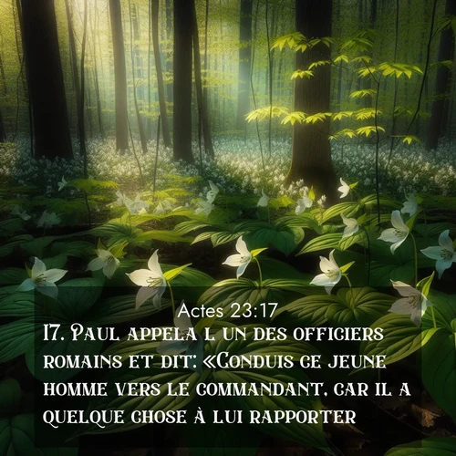 Segond21 Actes  ; image nature: image avec le verset biblique :Paul appela l&#039;un des officiers romains et dit: «Conduis ce jeune homme vers le commandant, car il a quelque chose à lui rapporter.» ;  ; 23:17