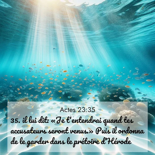 Segond21 Actes  ; image nature: image avec le verset biblique :il lui dit: «Je t&#039;entendrai quand tes accusateurs seront venus.» Puis il ordonna de le garder dans le prétoire d&#039;Hérode. ;  ; 23:35
