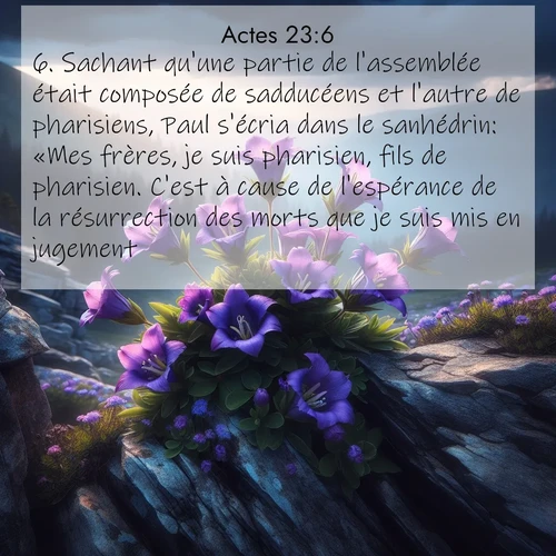Segond21 Actes  ; image nature: image avec le verset biblique :Sachant qu&#039;une partie de l&#039;assemblée était composée de sadducéens et l&#039;autre de pharisiens, Paul s&#039;écria dans le sanhédrin: «Mes frères, je suis pharisien, fils de pharisien. C&#039;est à cause de l&#039;espérance de la résurrection des morts que je suis mis en jugement.» ;  ; 23:6