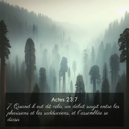 Segond21 Actes  ; image nature: image avec le verset biblique :Quand il eut dit cela, un débat surgit entre les pharisiens et les sadducéens, et l&#039;assemblée se divisa. ;  ; 23:7