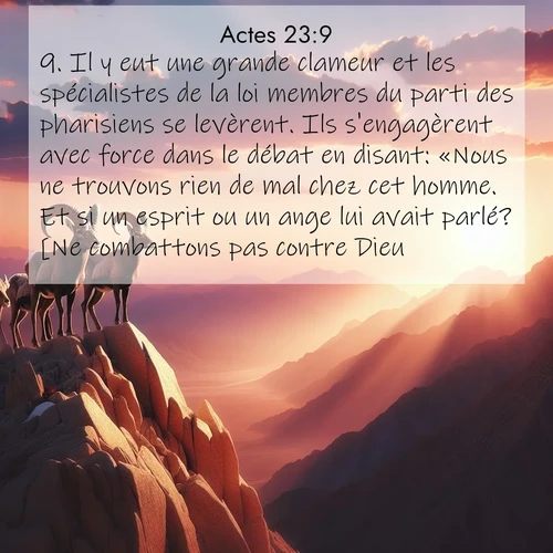 Segond21 Actes  ; image nature: image avec le verset biblique :Il y eut une grande clameur et les spécialistes de la loi membres du parti des pharisiens se levèrent. Ils s&#039;engagèrent avec force dans le débat en disant: «Nous ne trouvons rien de mal chez cet homme. Et si un esprit ou un ange lui avait parlé? [Ne combattons pas contre Dieu.]» ;  ; 23:9