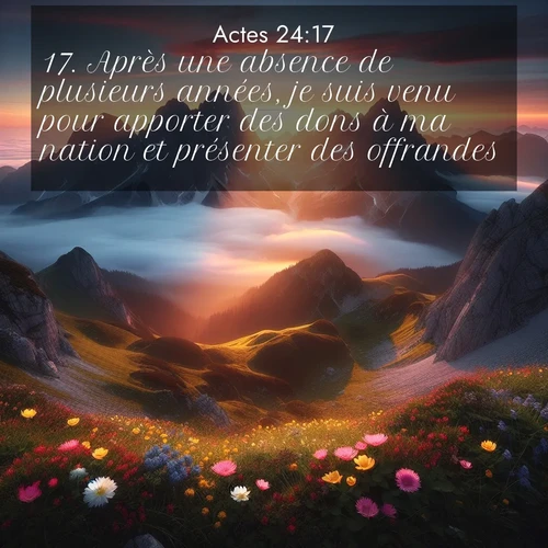 Segond21 Actes  ; image nature: image avec le verset biblique :Après une absence de plusieurs années, je suis venu pour apporter des dons à ma nation et présenter des offrandes. ;  ; 24:17