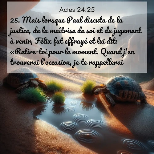 Segond21 Actes  ; image nature: image avec le verset biblique :Mais lorsque Paul discuta de la justice, de la maîtrise de soi et du jugement à venir, Félix fut effrayé et lui dit: «Retire-toi pour le moment. Quand j&#039;en trouverai l&#039;occasion, je te rappellerai.» ;  ; 24:25