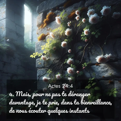 Segond21 Actes  ; image nature: image avec le verset biblique :Mais, pour ne pas te déranger davantage, je te prie, dans ta bienveillance, de nous écouter quelques instants. ;  ; 24:4
