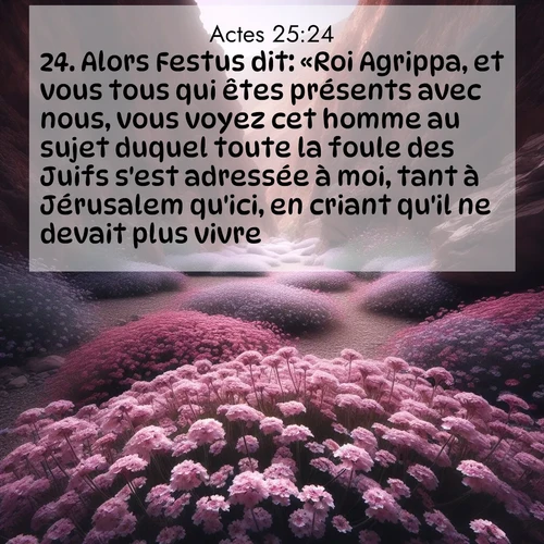 Segond21 Actes  ; image nature: image avec le verset biblique :Alors Festus dit: «Roi Agrippa, et vous tous qui êtes présents avec nous, vous voyez cet homme au sujet duquel toute la foule des Juifs s&#039;est adressée à moi, tant à Jérusalem qu&#039;ici, en criant qu&#039;il ne devait plus vivre. ;  ; 25:24