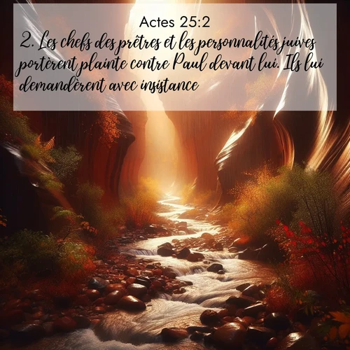 Segond21 Actes  ; image nature: image avec le verset biblique :Les chefs des prêtres et les personnalités juives portèrent plainte contre Paul devant lui. Ils lui demandèrent avec insistance ;  ; 25:2