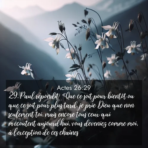 Segond21 Actes  ; image nature: image avec le verset biblique :Paul répondit: «Que ce soit pour bientôt ou que ce soit pour plus tard, je prie Dieu que non seulement toi, mais encore tous ceux qui m&#039;écoutent aujourd&#039;hui, vous deveniez comme moi, à l&#039;exception de ces chaînes!» ;  ; 26:29