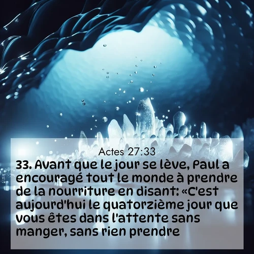 Segond21 Actes  ; image nature: image avec le verset biblique :Avant que le jour se lève, Paul a encouragé tout le monde à prendre de la nourriture en disant: «C&#039;est aujourd&#039;hui le quatorzième jour que vous êtes dans l&#039;attente sans manger, sans rien prendre. ;  ; 27:33
