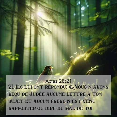 Segond21 Actes  ; image nature: image avec le verset biblique :Ils lui ont répondu: «Nous n&#039;avons reçu de Judée aucune lettre à ton sujet et aucun frère n&#039;est venu rapporter ou dire du mal de toi. ;  ; 28:21