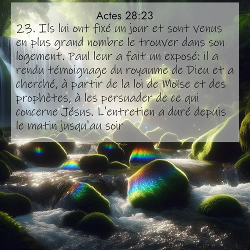 Segond21 Actes  ; image nature: image avec le verset biblique :Ils lui ont fixé un jour et sont venus en plus grand nombre le trouver dans son logement. Paul leur a fait un exposé: il a rendu témoignage du royaume de Dieu et a cherché, à partir de la loi de Moïse et des prophètes, à les persuader de ce qui concerne Jésus. L&#039;entretien a duré depuis le matin jusqu&#039;au soir. ;  ; 28:23