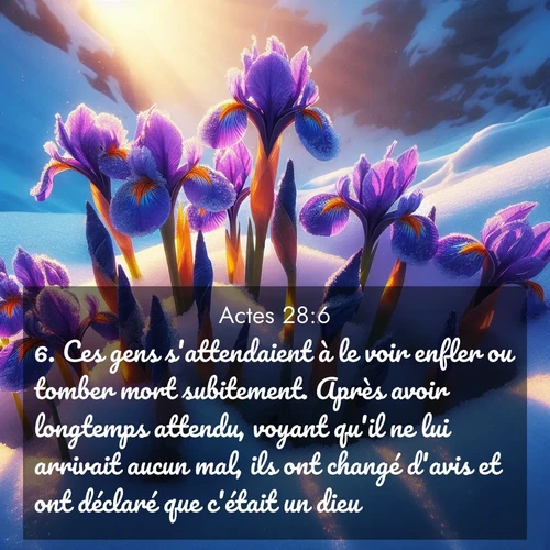Segond21 Actes  ; image nature: image avec le verset biblique :Ces gens s&#039;attendaient à le voir enfler ou tomber mort subitement. Après avoir longtemps attendu, voyant qu&#039;il ne lui arrivait aucun mal, ils ont changé d&#039;avis et ont déclaré que c&#039;était un dieu. ;  ; 28:6