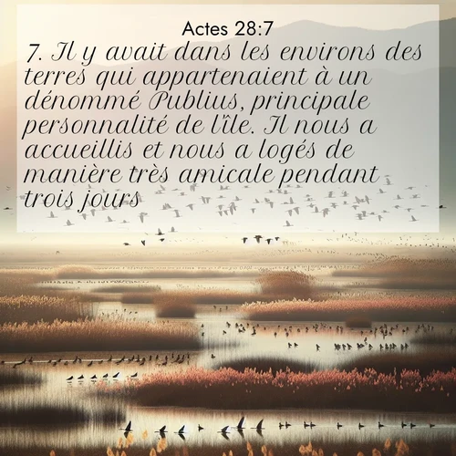 Segond21 Actes  ; image nature: image avec le verset biblique :Il y avait dans les environs des terres qui appartenaient à un dénommé Publius, principale personnalité de l&#039;île. Il nous a accueillis et nous a logés de manière très amicale pendant trois jours. ;  ; 28:7