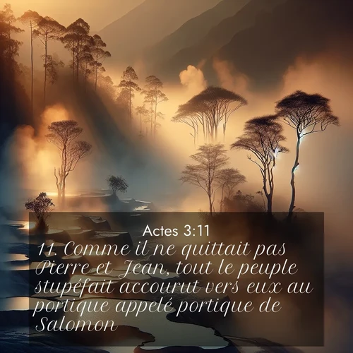 Segond21 Actes  ; image nature: image avec le verset biblique :Comme il ne quittait pas Pierre et Jean, tout le peuple stupéfait accourut vers eux au portique appelé portique de Salomon. ;  ; 3:11