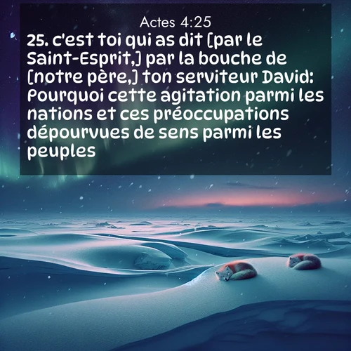 Segond21 Actes  ; image nature: image avec le verset biblique :c&#039;est toi qui as dit [par le Saint-Esprit,] par la bouche de [notre père,] ton serviteur David: Pourquoi cette agitation parmi les nations et ces préoccupations dépourvues de sens parmi les peuples? ;  ; 4:25