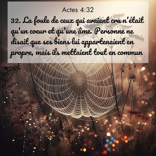 Segond21 Actes  ; image nature: image avec le verset biblique :La foule de ceux qui avaient cru n&#039;était qu&#039;un coeur et qu&#039;une âme. Personne ne disait que ses biens lui appartenaient en propre, mais ils mettaient tout en commun. ;  ; 4:32
