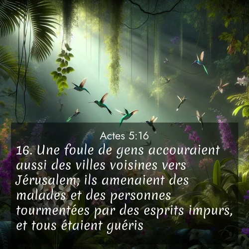 Segond21 Actes  ; image nature: image avec le verset biblique :Une foule de gens accouraient aussi des villes voisines vers Jérusalem; ils amenaient des malades et des personnes tourmentées par des esprits impurs, et tous étaient guéris. ;  ; 5:16