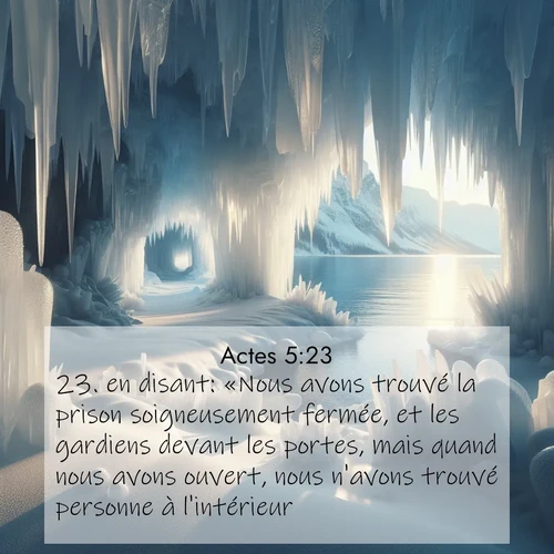 Segond21 Actes  ; image nature: image avec le verset biblique :en disant: «Nous avons trouvé la prison soigneusement fermée, et les gardiens devant les portes, mais quand nous avons ouvert, nous n&#039;avons trouvé personne à l&#039;intérieur.» ;  ; 5:23