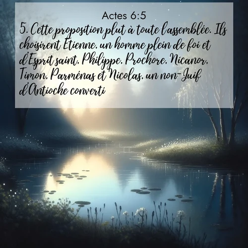 Segond21 Actes  ; image nature: image avec le verset biblique :Cette proposition plut à toute l&#039;assemblée. Ils choisirent Etienne, un homme plein de foi et d&#039;Esprit saint, Philippe, Prochore, Nicanor, Timon, Parménas et Nicolas, un non-Juif d&#039;Antioche converti. ;  ; 6:5