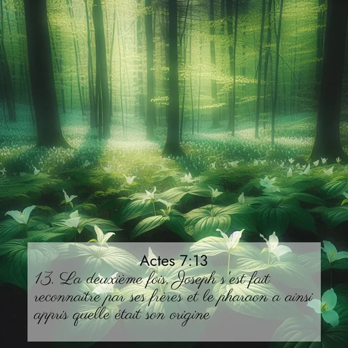 Segond21 Actes  ; image nature: image avec le verset biblique :La deuxième fois, Joseph s&#039;est fait reconnaître par ses frères et le pharaon a ainsi appris quelle était son origine. ;  ; 7:13