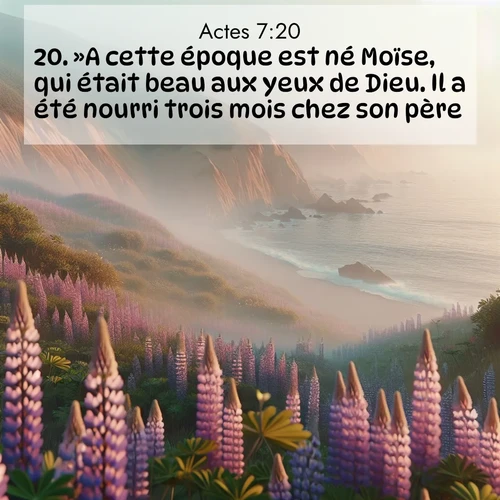 Segond21 Actes  ; image nature: image avec le verset biblique :»A cette époque est né Moïse, qui était beau aux yeux de Dieu. Il a été nourri trois mois chez son père ;  ; 7:20