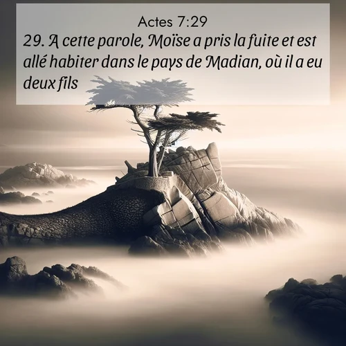 Segond21 Actes  ; image nature: image avec le verset biblique :A cette parole, Moïse a pris la fuite et est allé habiter dans le pays de Madian, où il a eu deux fils. ;  ; 7:29