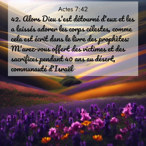 Segond21 Actes  ; image nature: image avec le verset biblique :Alors Dieu s&#039;est détourné d&#039;eux et les a laissés adorer les corps célestes, comme cela est écrit dans le livre des prophètes: M&#039;avez-vous offert des victimes et des sacrifices pendant 40 ans au désert, communauté d&#039;Israël? ;  ; 7:42