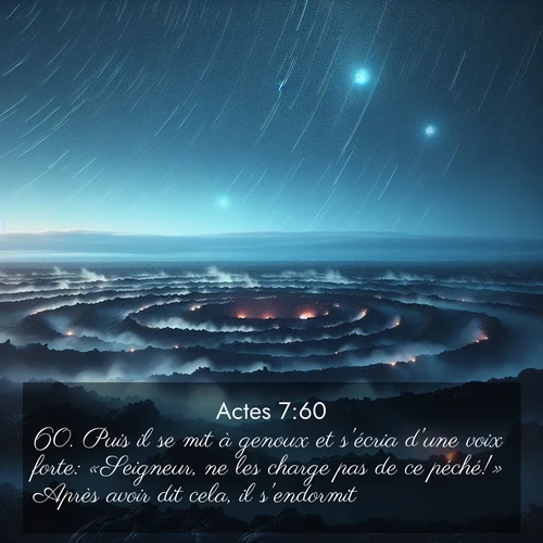 Segond21 Actes  ; image nature: image avec le verset biblique :Puis il se mit à genoux et s&#039;écria d&#039;une voix forte: «Seigneur, ne les charge pas de ce péché!» Après avoir dit cela, il s&#039;endormit. ;  ; 7:60
