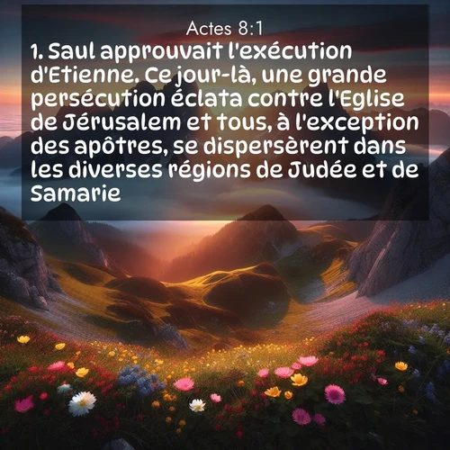 Segond21 Actes  ; image nature: image avec le verset biblique :Saul approuvait l&#039;exécution d&#039;Etienne. Ce jour-là, une grande persécution éclata contre l&#039;Eglise de Jérusalem et tous, à l&#039;exception des apôtres, se dispersèrent dans les diverses régions de Judée et de Samarie. ;  ; 8:1