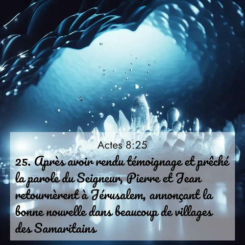 Segond21 Actes  ; image nature: image avec le verset biblique :Après avoir rendu témoignage et prêché la parole du Seigneur, Pierre et Jean retournèrent à Jérusalem, annonçant la bonne nouvelle dans beaucoup de villages des Samaritains. ;  ; 8:25