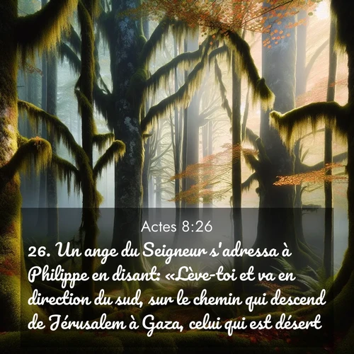Segond21 Actes  ; image nature: image avec le verset biblique :Un ange du Seigneur s&#039;adressa à Philippe en disant: «Lève-toi et va en direction du sud, sur le chemin qui descend de Jérusalem à Gaza, celui qui est désert.» ;  ; 8:26