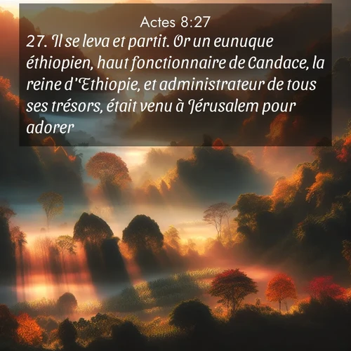 Segond21 Actes  ; image nature: image avec le verset biblique :Il se leva et partit. Or un eunuque éthiopien, haut fonctionnaire de Candace, la reine d&#039;Ethiopie, et administrateur de tous ses trésors, était venu à Jérusalem pour adorer. ;  ; 8:27