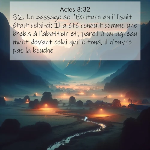 Segond21 Actes  ; image nature: image avec le verset biblique :Le passage de l&#039;Ecriture qu&#039;il lisait était celui-ci: Il a été conduit comme une brebis à l&#039;abattoir et, pareil à un agneau muet devant celui qui le tond, il n&#039;ouvre pas la bouche. ;  ; 8:32